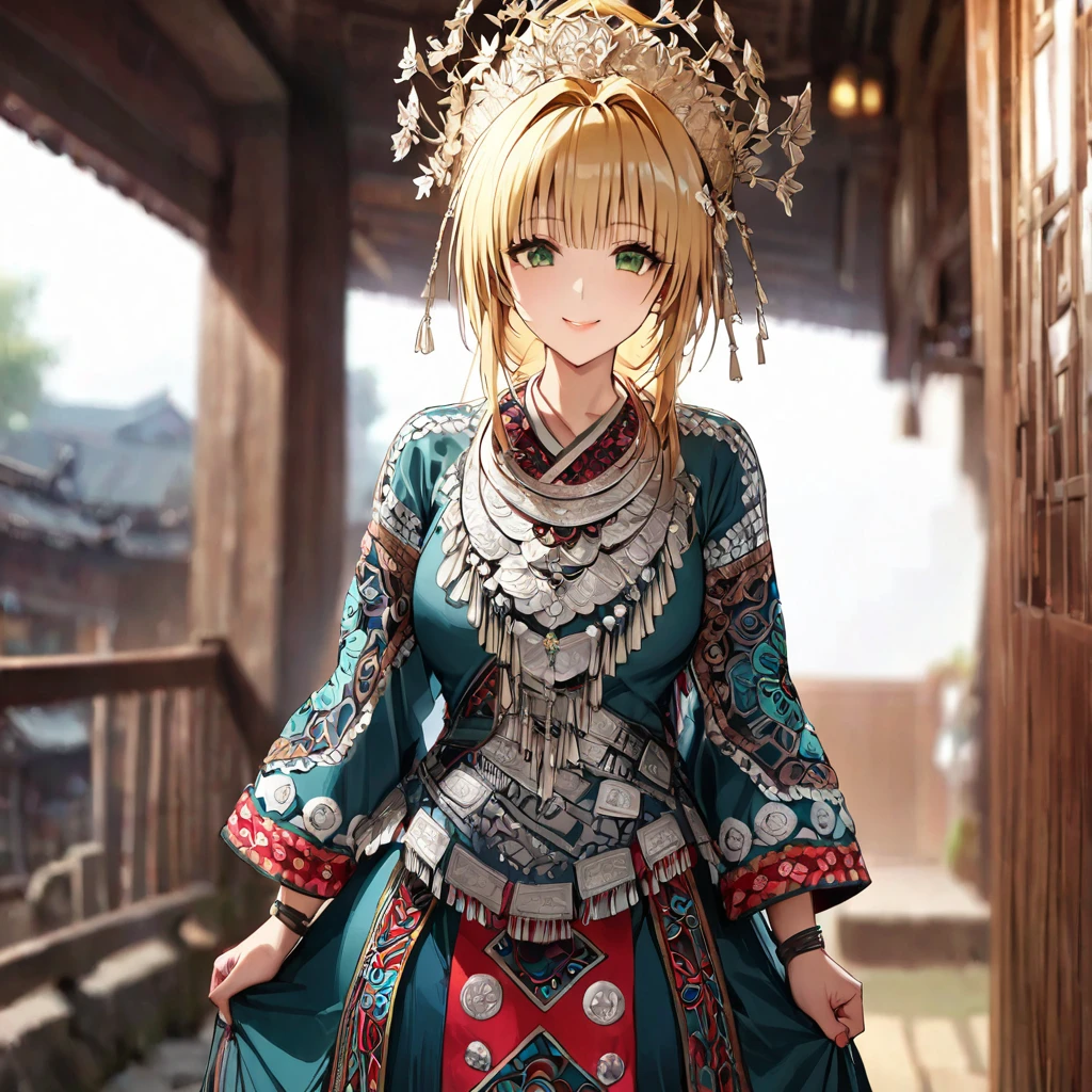 ((Highest quality)), ((masterpiece)), (detailed), （Perfect Face）、The woman is a Tier, with green eyes, medium blonde hair, ethnic medicine and a gorgeous hat.、Smiling with a gentle smile、The woman is being shown her outfit、The whole body is in the frame