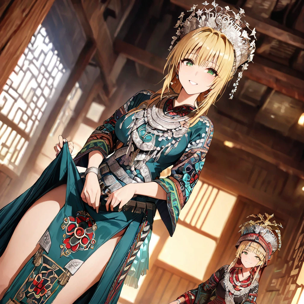 ((Highest quality)), ((masterpiece)), (detailed), （Perfect Face）、The woman is a Tier, with green eyes, medium blonde hair, ethnic medicine and a gorgeous hat.、Smiling with a gentle smile、The woman is being shown her outfit、The whole body is in the frame