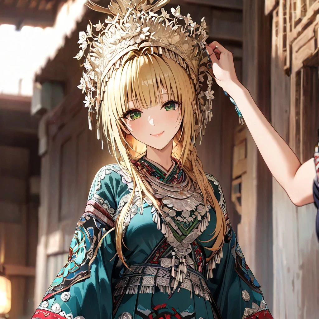 ((Highest quality)), ((masterpiece)), (detailed), (Perfect Face)、The woman is a Tier, with green eyes, medium blonde hair, ethnic medicine and a gorgeous hat.、Smiling with a gentle smile、The woman is being shown her outfit、The whole body is in the frame