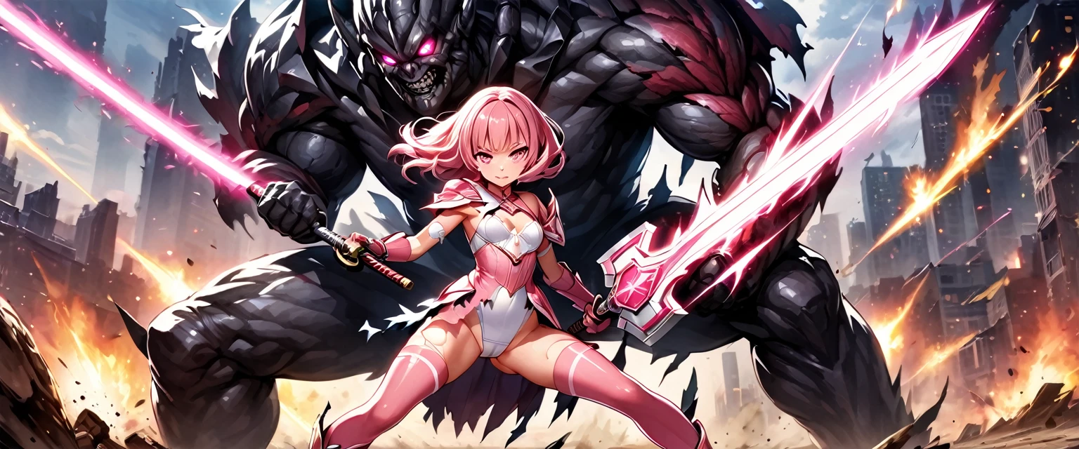 (Perfect Anatomy)、Mastepiece、Ultra High Quality、 8K、masterpiece、Highest quality、Ultra-high resolution、Maximum resolution、Very detailed、Professional Lighting、anime、woman、thin、so beautiful、Highly detailed eye、Highly detailed face、Golden earrings、Pink Hair,、Pink eyes、Mid-chest, pink lips, upper arm pink armor, white leotard, pink pattern, full body, magical girl, Angel Girl, Are standing, pink thigh high stockings, white super long boots, pink gauntlet, high heels, hime cut, bridal hair accessory, (((Summoning a magic sword))), Opening legs outwards, glowing eyes, madeon, Biopunk, Creating wind with wings, (((Forming a magical shield))), Enveloped in a magical aura, Firing magical arrows, spread legs(((attack with sword))), (torn clothes:1.9), (dirt), blood return, (((abrasion))), (Monsters attack:1.8)