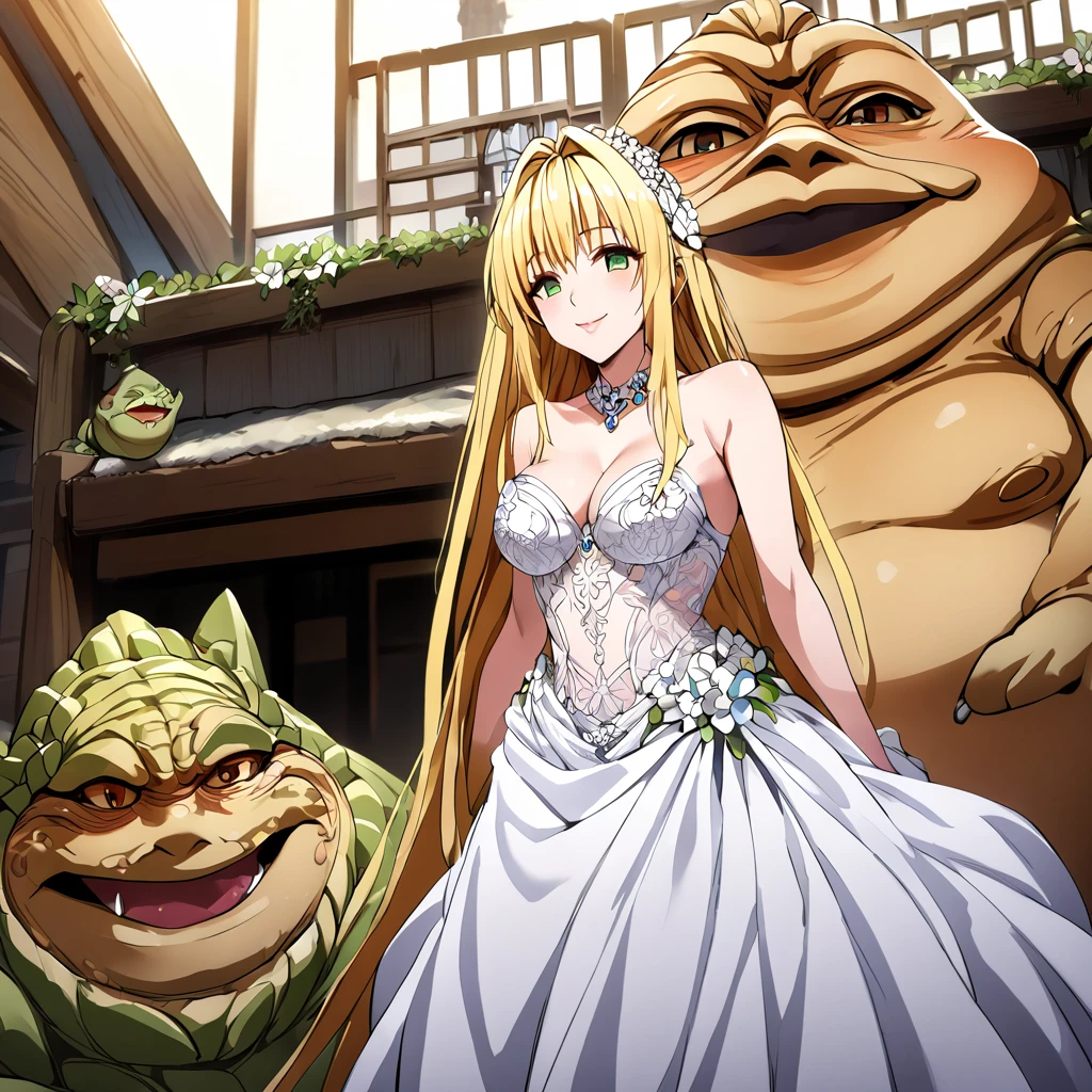 ((Highest quality)), ((masterpiece)), (detailed), (Perfect Face)、The woman is Tiare, with green eyes, medium-length blonde hair, an iron collar, and is wearing a gorgeous, jeweled vintage wedding dress and a vintage wedding veil. The woman is standing next to Jabba the Hutt at his hideout for the wedding.、Jabba the Hutt is holding a woman in his arms and having a wedding、The woman loves Jabba the Hutt and looks at him with a gentle smile.
