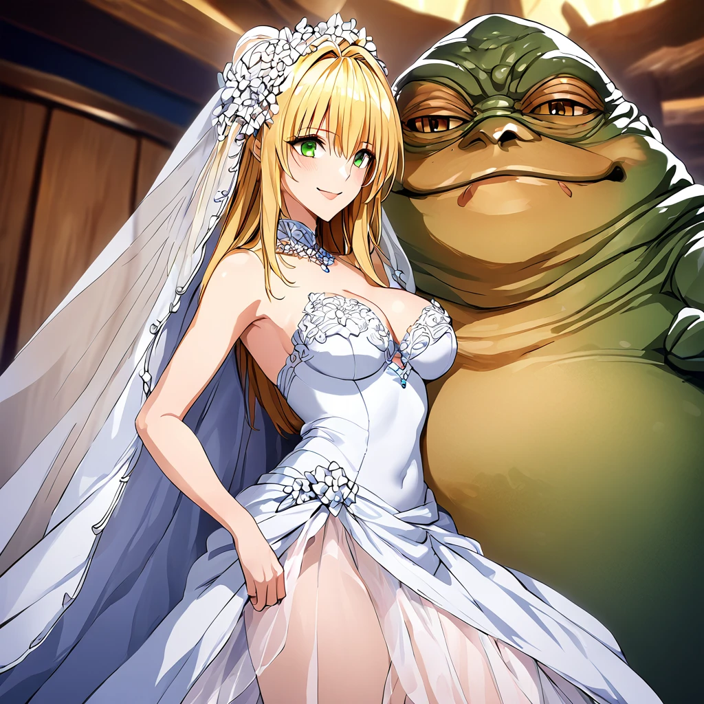 ((Highest quality)), ((masterpiece)), (detailed), （Perfect Face）、The woman is Tiare, with green eyes, medium-length blonde hair, an iron collar, and is wearing a gorgeous, jeweled vintage wedding dress and a vintage wedding veil. The woman is standing next to Jabba the Hutt at his hideout for the wedding.、Jabba the Hutt is holding a woman in his arms and having a wedding、The woman loves Jabba the Hutt and looks at him with a gentle smile.