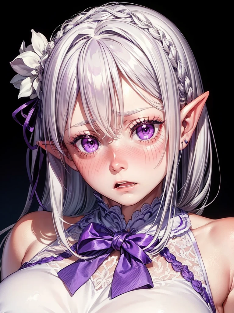 detailed face, (purple eyes), long eyelashes, realistic skin,pointy ears,(scared:1.6)