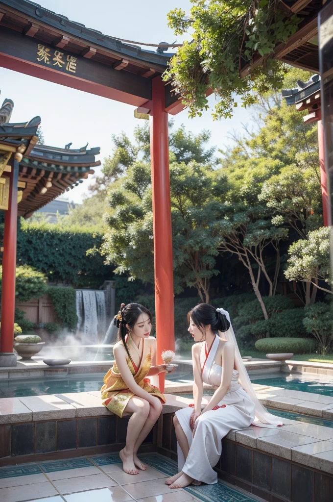 ```plaintext
"(((best quality))),(((ultra detailed))),(((masterpiece))),illustration,1girl,traditional Chinese dress,courtyard,surrounded by crowded crowds of old men,outdoor hot spring,delicate fabric,traditional hair style,innocent curiosity,vibrant red pillars,beams,pebbled path,sweet fragrance of flowers,Open-air hot spring,traditional bath towel,therapeutic steam,mystical aura,joy and camaraderie,snapshot of traditional Chinese lifestyle,age and gender blur,shared experience,relaxation and rejuvenation,essence of harmony and balance,deeply ingrained culture