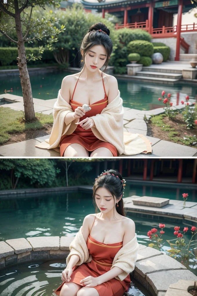 ```plaintext
"(((best quality))),(((ultra detailed))),(((masterpiece))),illustration,1girl,traditional Chinese dress,courtyard,surrounded by crowded crowds of old men,outdoor hot spring,delicate fabric,traditional hair style,innocent curiosity,vibrant red pillars,beams,pebbled path,sweet fragrance of flowers,Open-air hot spring,traditional bath towel,therapeutic steam,mystical aura,joy and camaraderie,snapshot of traditional Chinese lifestyle,age and gender blur,shared experience,relaxation and rejuvenation,essence of harmony and balance,deeply ingrained culture