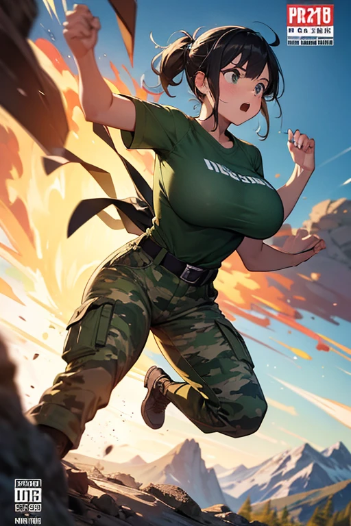 bootsnutes, shirt tucked in, green shirt, t-shirt, camouflage pants, black belt, belt buckle, outdoors, 1girl, trail, mountain, running, gigantic breasts, bouncing breasts, unaligned breasts, motion lines, motion blur, rock, comic cover, explosion