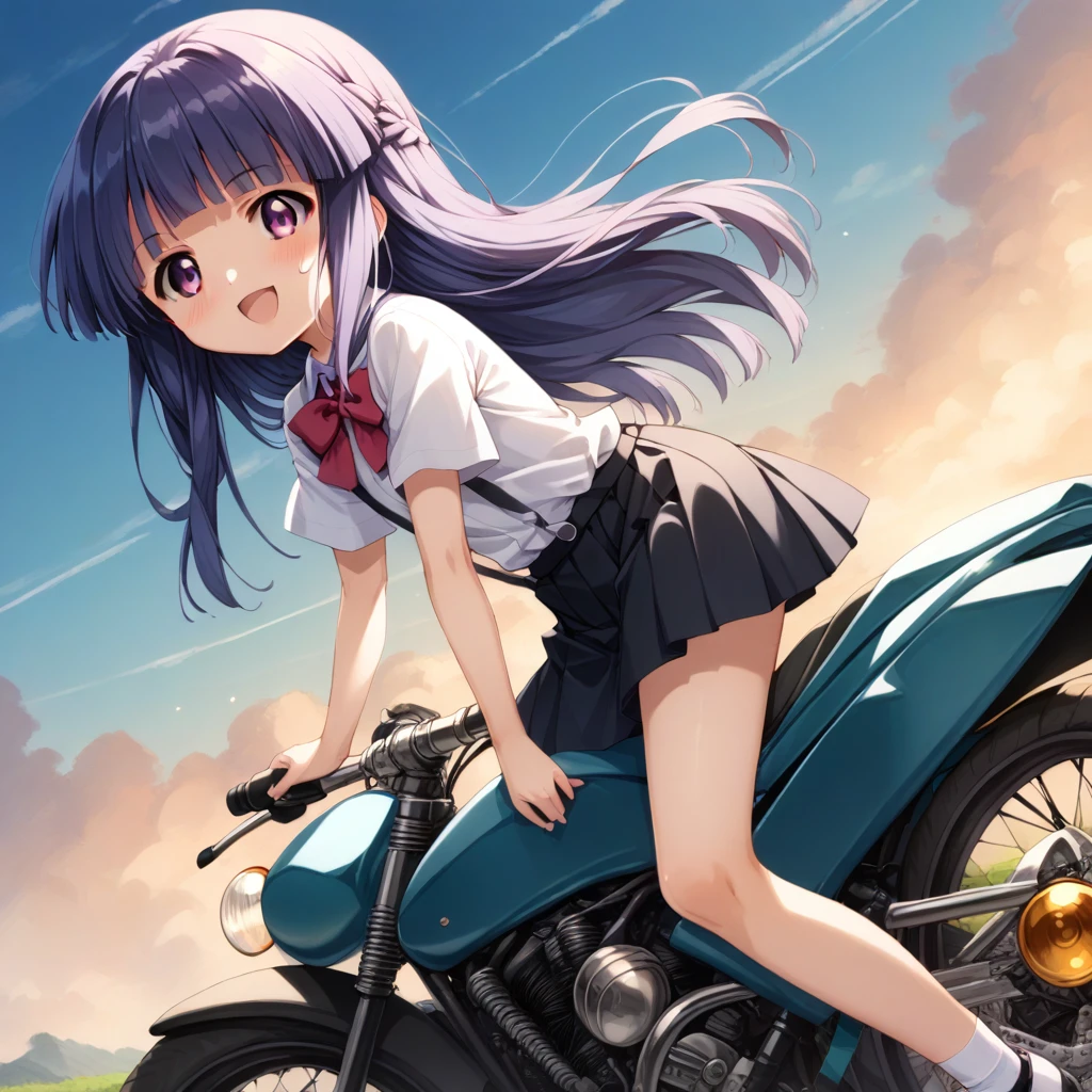 score_9, score_8_up, score_7_up, score_6_up, source_anime,,,,1girl, solo, furude rika, (tween:1), kawaii, blue hair, purple eyes, long hair, blunt bangs, bangs, bow, skirt, shirt, suspenders, smile, short sleeves, pleated skirt, white shirt, open mouth, red bow, ^_^, suspender skirt, , black skirt, collared shirt, blush, bowtie, blunt bangs, dress shirtt, ,  anime coloring.serious,(a girl riding a motorcycle at full speed:1.5),(from side),),,,(serious expression:1.5)、