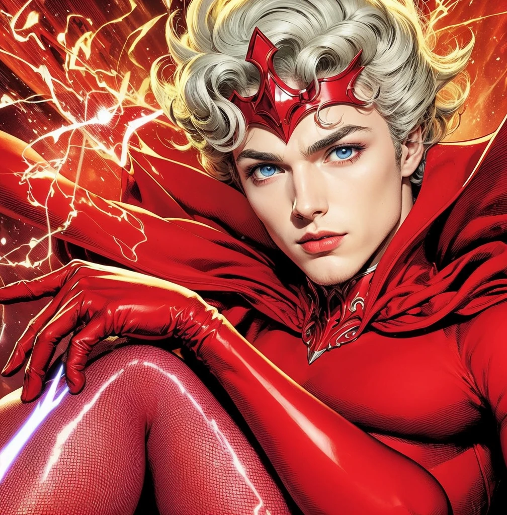 American classic comic book art: Scarlet Wizard man, handsome delicate ethereal young man, short platinum hair with beautiful waves curls, red helm tiara on forehead, butt, tight scarlet bright red bodysuit red sorcerer outfit, bright red gloves, light pink tight fishnet stockings shiny, emanating scarlet red magic energy symbols, beautiful thighs, very young face man delicate, blue eyes, ethereal sorcerer scarlet, red sorcerer cape sorcerer, neck covered, classic comic book, ethereal male body