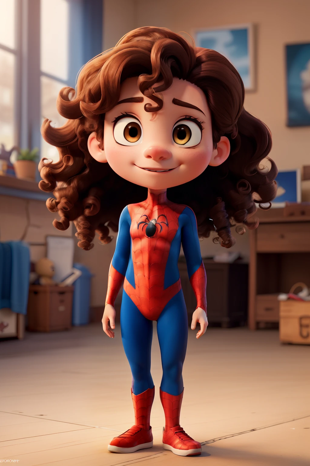 ((best qualityer)), ((work of art)), (detailded), ((cartoon)) a brunette girl with curly hair dressed as a spider man, with a snub nose and cute eyes