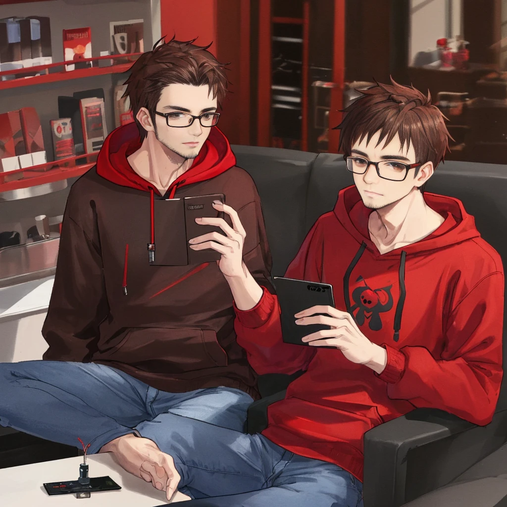 Male with dark brown hair and a stubble, wearing a red hoddie and jeans, wearing glasses.