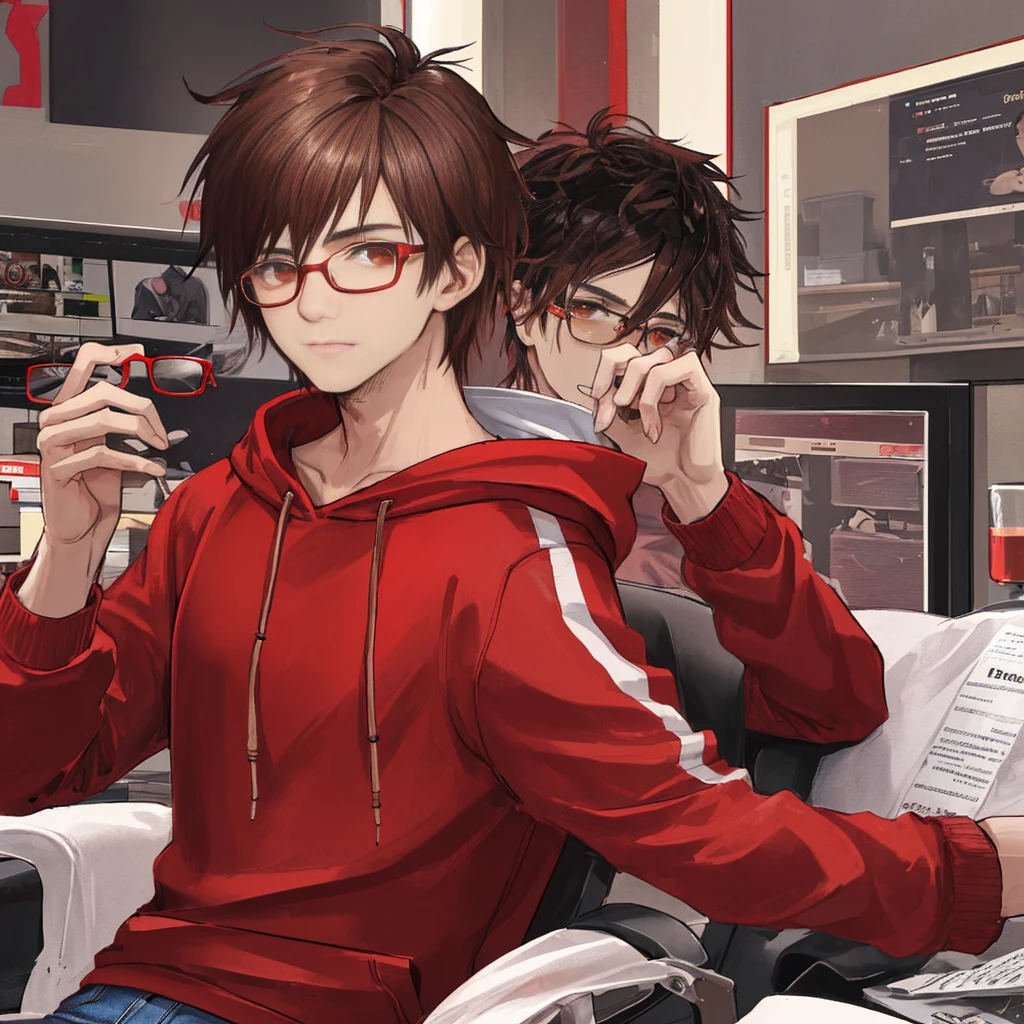 Male with dark brown hair and a stubble, wearing a red hoddie and jeans, wearing glasses.