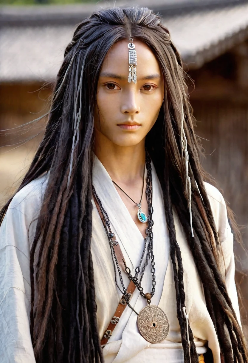Close-up portrait photography, Beautiful Japanese woman with very long black dreadlocks and loose hair, Long and beautiful、Slim and、Elegant and confident、A face with fine wrinkles, Beautiful big brown eyes, Elegant and thin silver face chain accessory, Fantasy Tribal Charm Inspirational Information