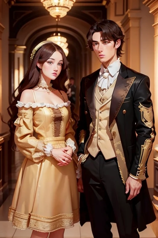 a woman wtih brown hair, sweet and a man with black hair, eyes gold, serious Renaissance era, elegant clothes