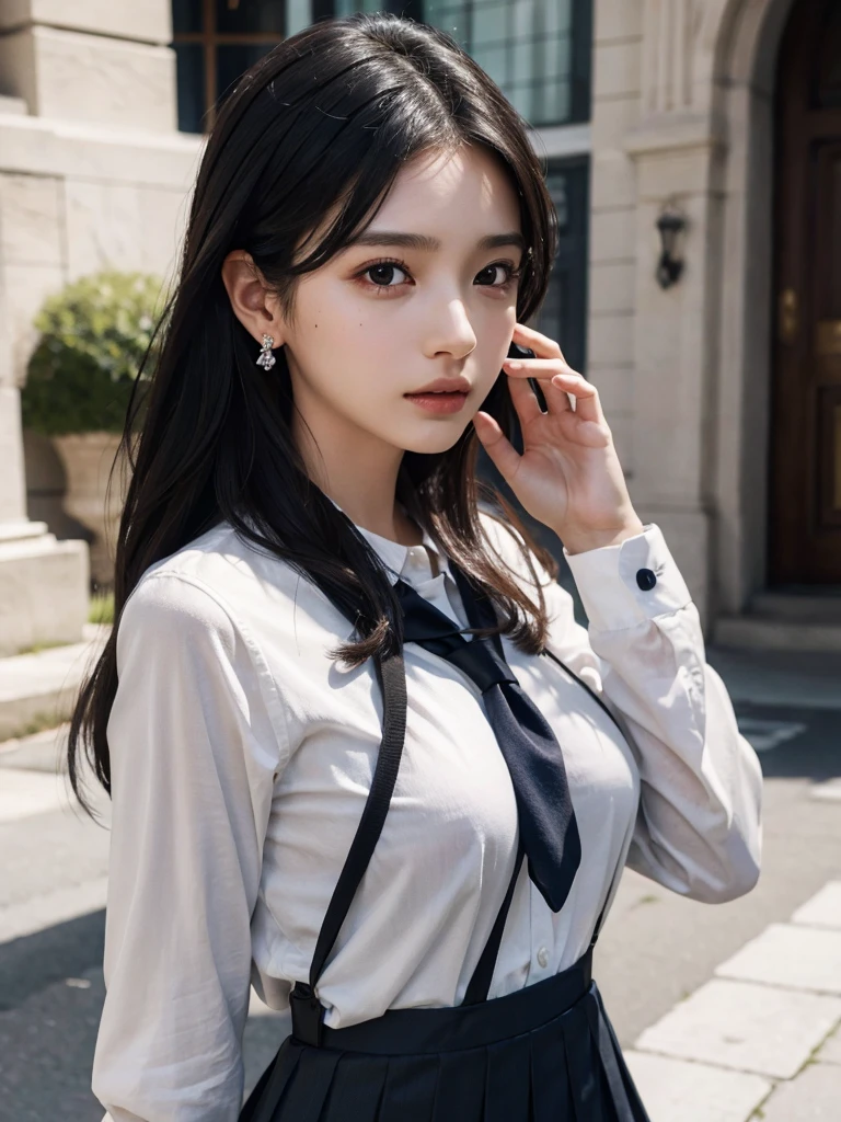 absurdres, RAW photo, extremely delicate and beautiful, masterpiece, Best Quality, ultra high resolution, 32k, hyperrealistic, ultra-detailed, perfect figure, in her 20s, very small head, very small face, delicate facial features, tearful mole, earring, ((huge breasts)), full body shot, medium hair, black hair, colored inner hair, ((school_uniform)),