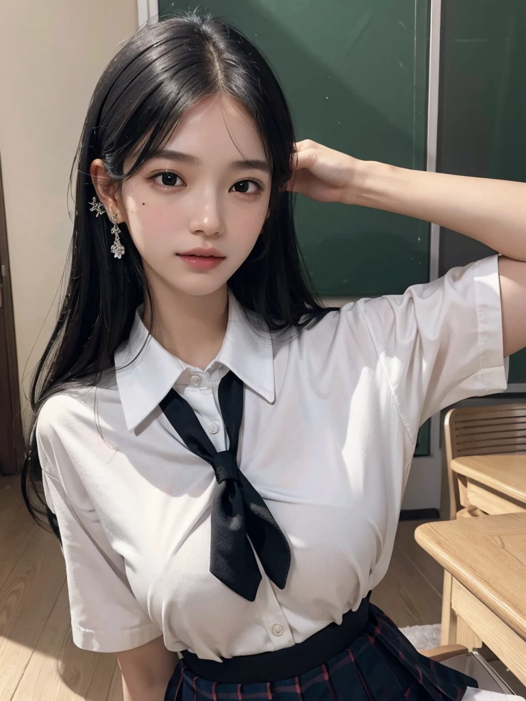 absurdres, RAW photo, extremely delicate and beautiful, masterpiece, Best Quality, ultra high resolution, 32k, hyperrealistic, ultra-detailed, perfect figure, in her 20s, very small head, very small face, delicate facial features, tearful mole, earring, ((huge breasts)), full body shot, medium hair, black hair, colored inner hair, ((school_uniform)),