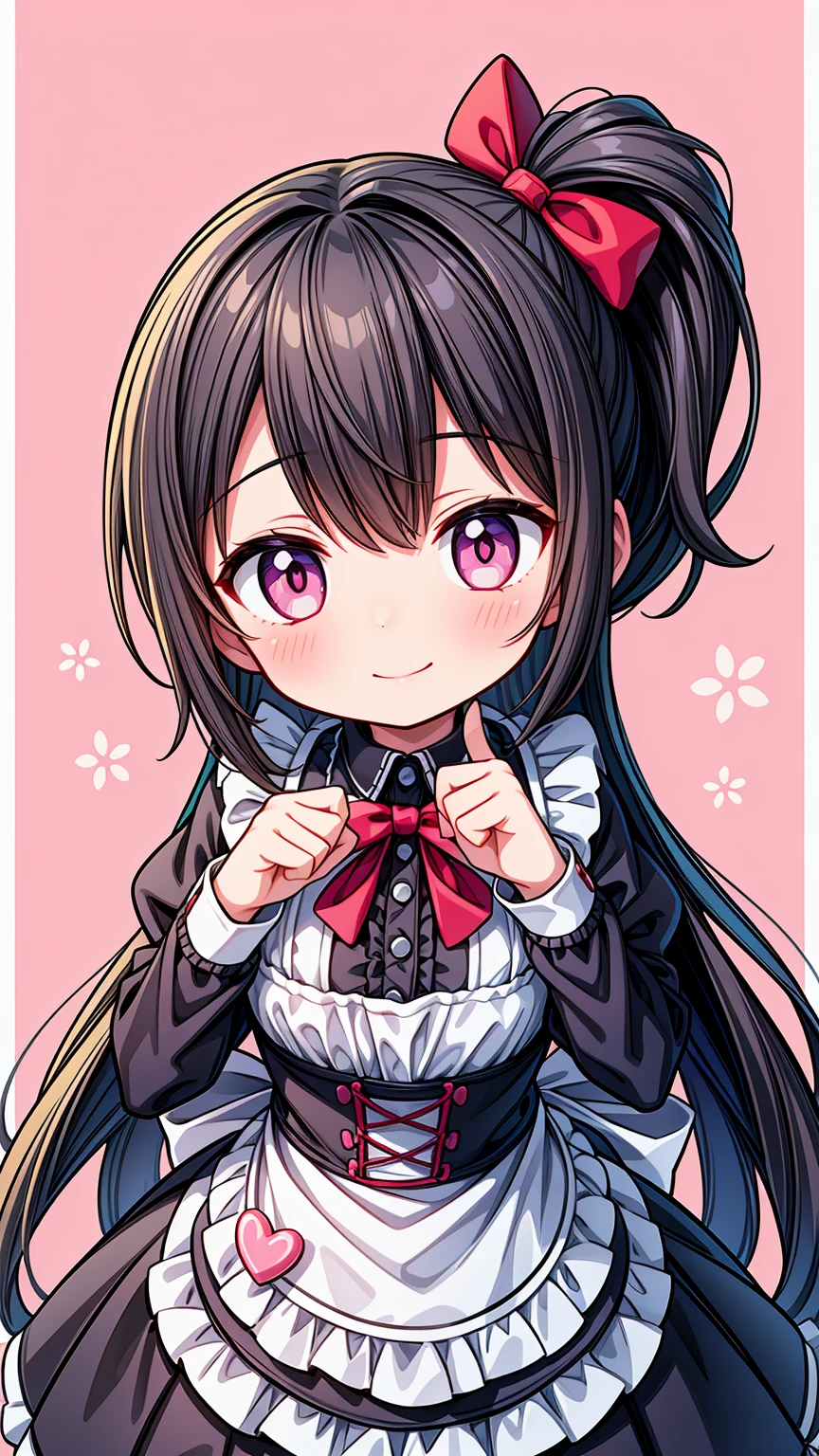 (Highest image quality), (highest quality), (masterpiece), (dynamic lighting), (photo realism), maid uniform, detailed face, ((li)), ((girl)), (little curve), short black hair, one side ponytail hairstyle, pink eyes, ((very small bust)), (apron), smile, winking, kitchen background, ((very blushing)), ((detailed hands and fingers)), hands on the hips, viewer perspective from below, (blush), more detailed, EasyNegativeV2