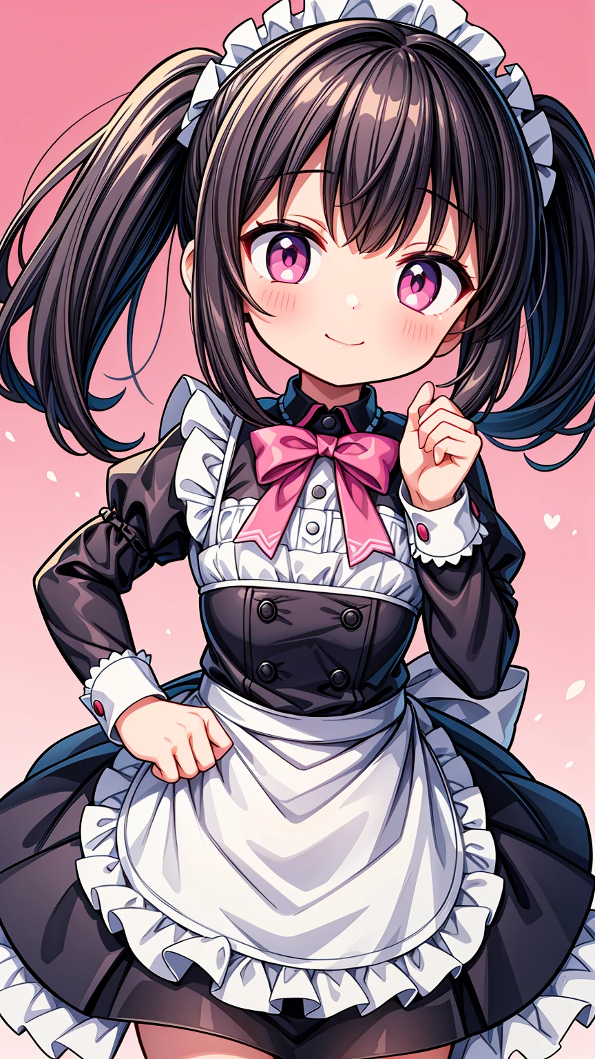 (Highest image quality), (highest quality), (masterpiece), (dynamic lighting), (photo realism), maid uniform, detailed face, (()), ((girl)), (little curve), short black hair, one side ponytail hairstyle, pink eyes, ((very small bust)), (apron), smile, winking, kitchen background, ((very blushing)), ((detailed hands and fingers)), hands on the hips, viewer perspective from below, (blush), more detailed, EasyNegativeV2