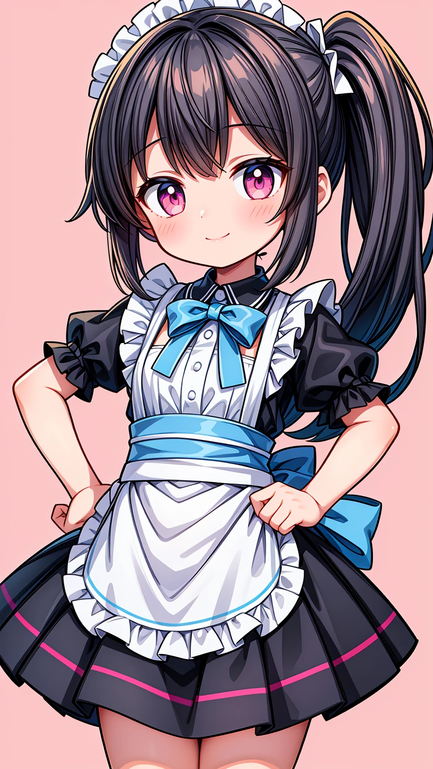(Highest image quality), (highest quality), (masterpiece), (dynamic lighting), (photo realism), maid uniform, detailed face, ((loli)), ((girl)), (little curve), short black hair, one side ponytail hairstyle, pink eyes, ((very small bust)), (apron), smile, winking, kitchen background, ((very blushing)), ((detailed hands and fingers)), hands on the hips, viewer perspective from below, (blush), more detailed, EasyNegativeV2