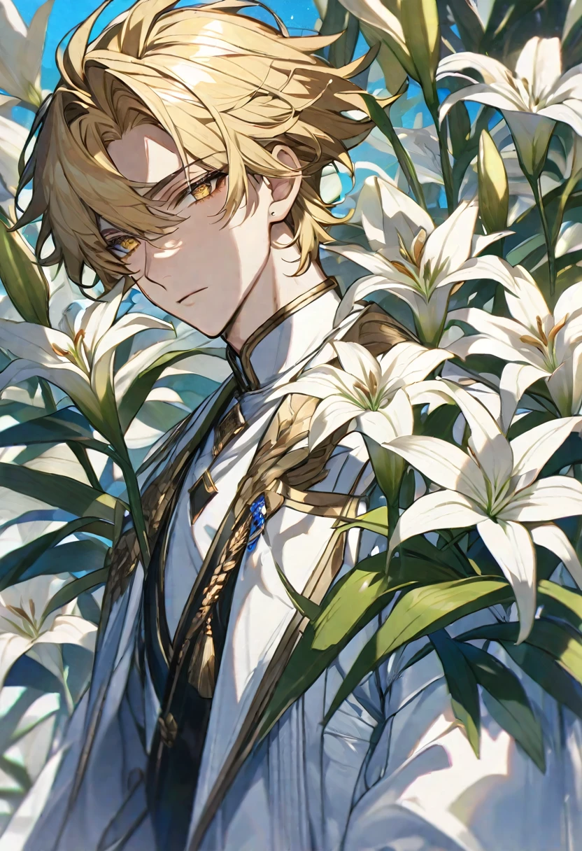 Solo, 1 male, blonde hair, golden eyes, white shirt, white coat, white flowers, lily