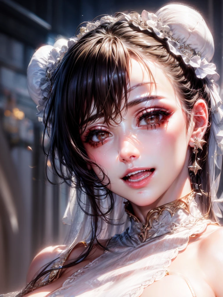 detailed face, (brown eyes), long eyelashes, realistic skin,open mouth,mocking smile