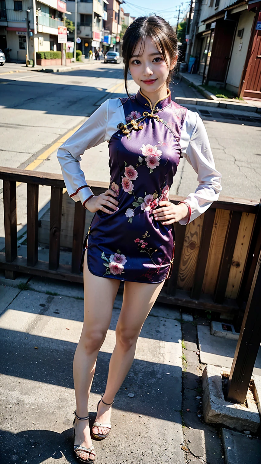 (8K、RAW Photos、Highest quality、masterpiece:1.2)、(Realistic、Realistic)、1 Girl、((Long cheongsam:1.2、Thin legs、whole body、View from the front、smile、Looking into the camera、Stand with hands on hips))、cute、((The background is slums))、Accurate Fingers