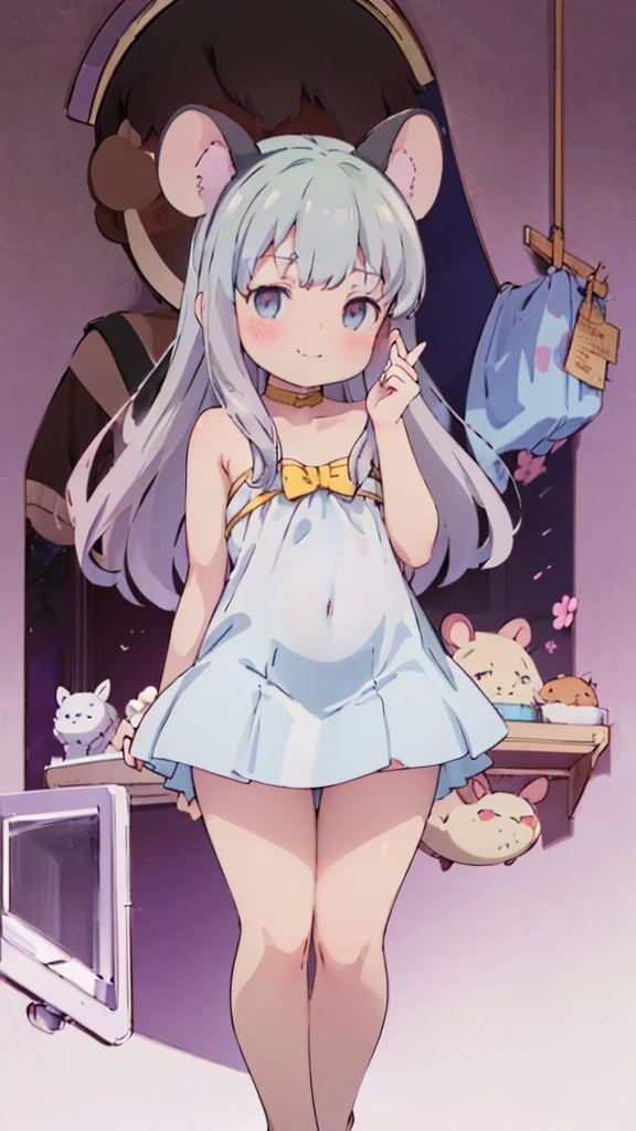 ((masterpiece))((Highest quality))Mouse Ears、girl、smile、blush、Flat Chest、Are thin、Gray Hair、blush、Are standing、Whole body image、Even your toes are visible、Eye level on face、front、No background、Mouse pose、真frontのアングル、Completely naked