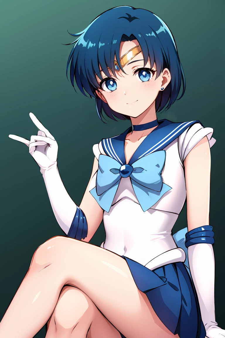 masterpiece, Highest quality, High resolution, Mercury 1, One girl, alone, Sailor Warrior Uniforms, Sailor Mercury, Which is Mizuno, Blue Hair, Magical girl, blue eyes, Blue Skirt, Elbow hand pockets, tiara, Pleated skirt, Hair Ribbon, Blue sailor collar, mini skirt, choker, Blue choker, White gloves, Short Hair,  jewelry,  Earrings, Sitting, Crossing your legs,The background is a school classroom,smile、