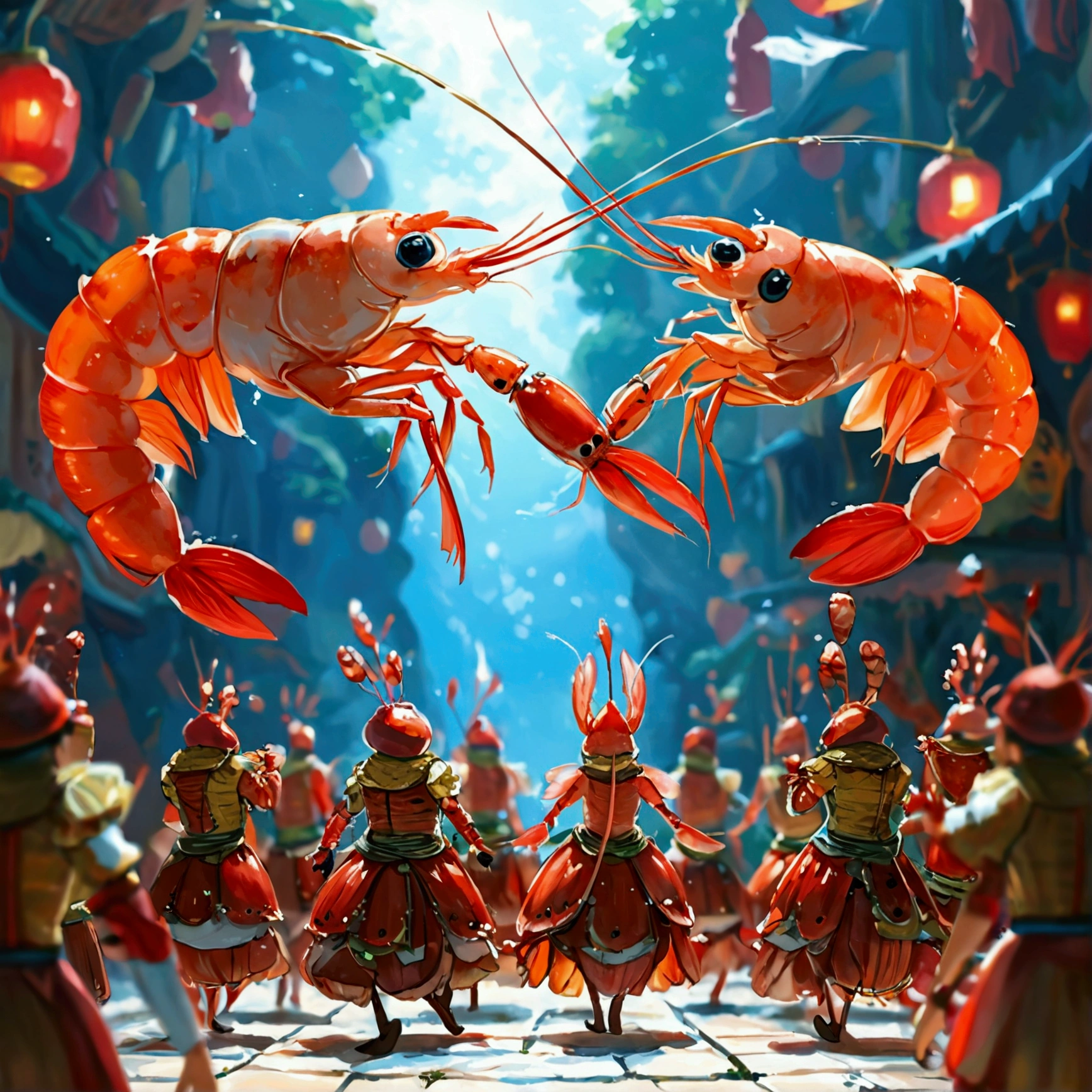 Create an illustration that meets the following criteria:　-The main ingredient is shrimp　- Shrimp Festival　- At the top are Princess Shrimp and King Shrimp　- 3 shrimp entourages on the second level　- 5 shrimp maids on the third row　- 8 shrimp musicians on the 4th level　- 10 shrimp guards on the 5th level