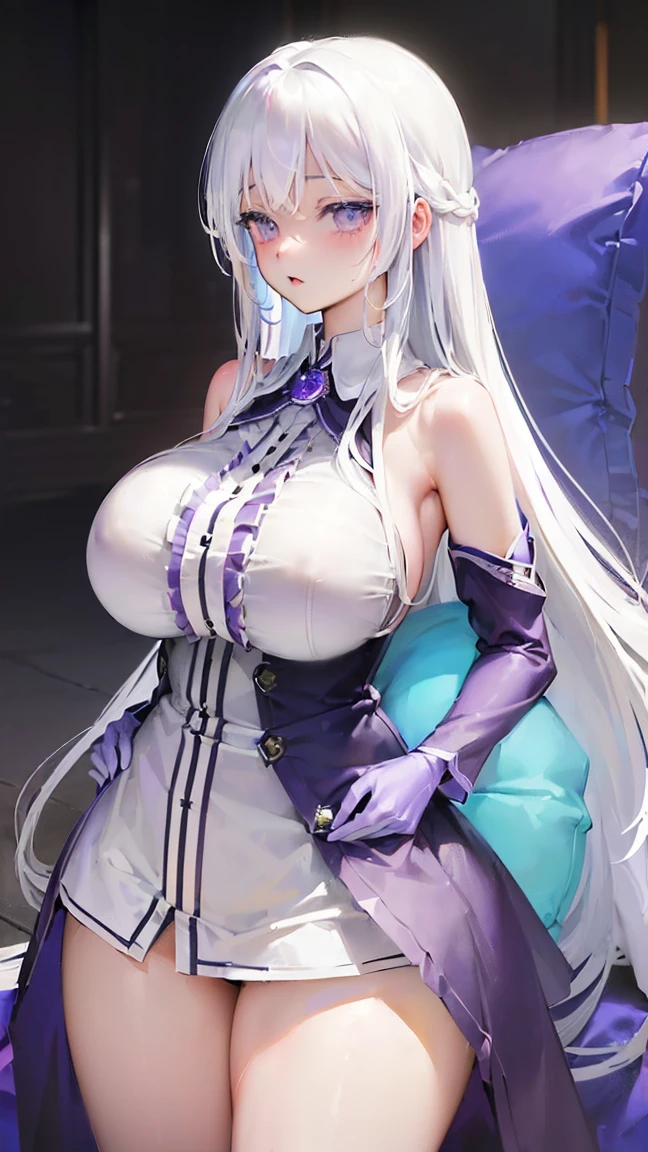 (((Itsuka Shido(date a live))),((gender bender,white hair,dark purple_eyes,cowboy shot,long straight hair)),((pajamas,gigantic breasts swelling,huge stature,Cuddle a pillow in front of boobs))