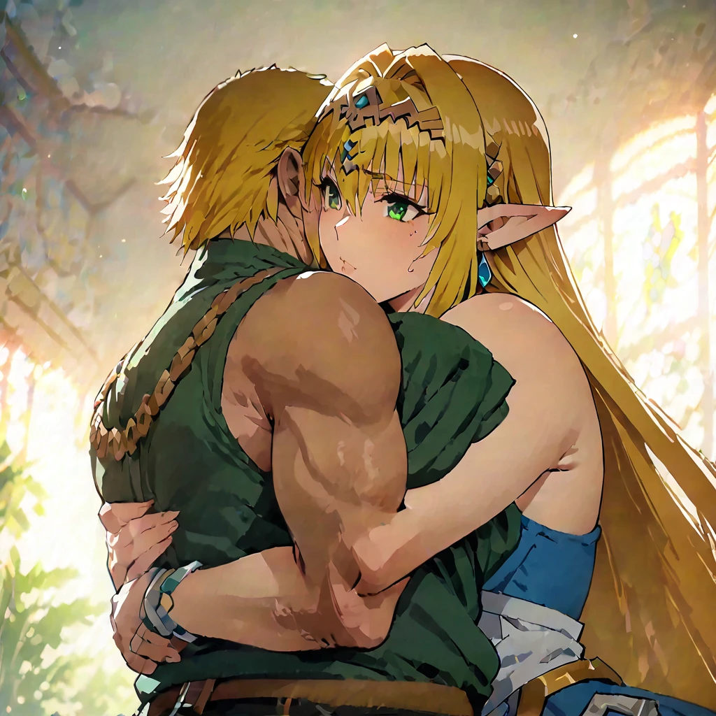 ((Highest quality)), ((masterpiece)), (detailed), （Perfect Face）、The woman is Tearju, with green eyes, medium-long blonde hair, and is wearing the costume of Princess Zelda of Hyrule.、The woman and the man, King Ganondorf, are hugging each other intimately.