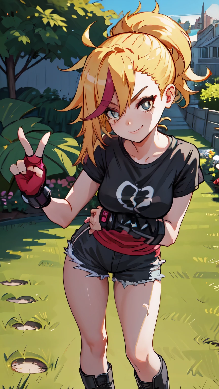 (best quality:1.2),solo,1girl,mdrin,smile,looking at viewer, PLAYING GUITAR ,lovely pose, ponytail,v-shaped eyebrows,red shirt, fingerless gloves,black shorts , garden background, warm color tones,soft lighting, Hair over one eye, ultra long hair, standing on hooftop, long boots, long ponytail, blonde 