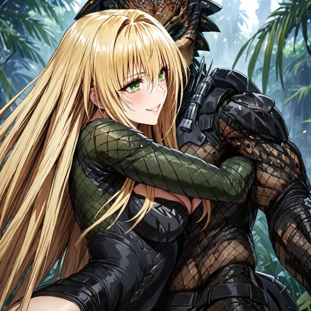 ((Highest quality)), ((masterpiece)), (detailed), （Perfect Face）、The woman is a predator named Tiare, with green eyes, blonde medium-long hair, and a predator suit. She is a female predator in the forest, embracing and kissing a male predator while having sex and breeding.