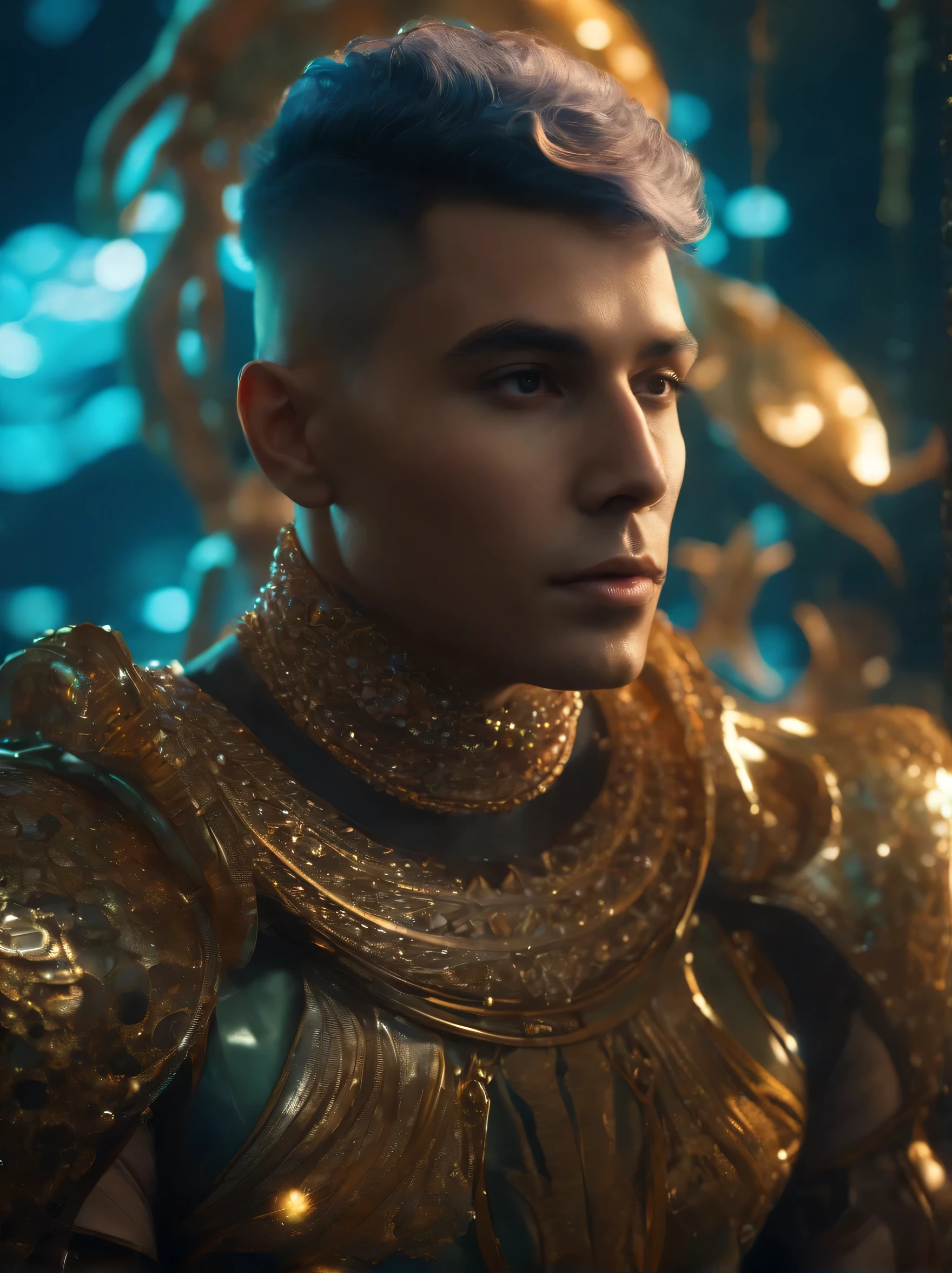 man, shaved hair, futuristic outfit full of shiny jewelry, cinematic style, unreal engine 5, hyperrealistic, seabed, cinematic light, underwater world in action, fish around