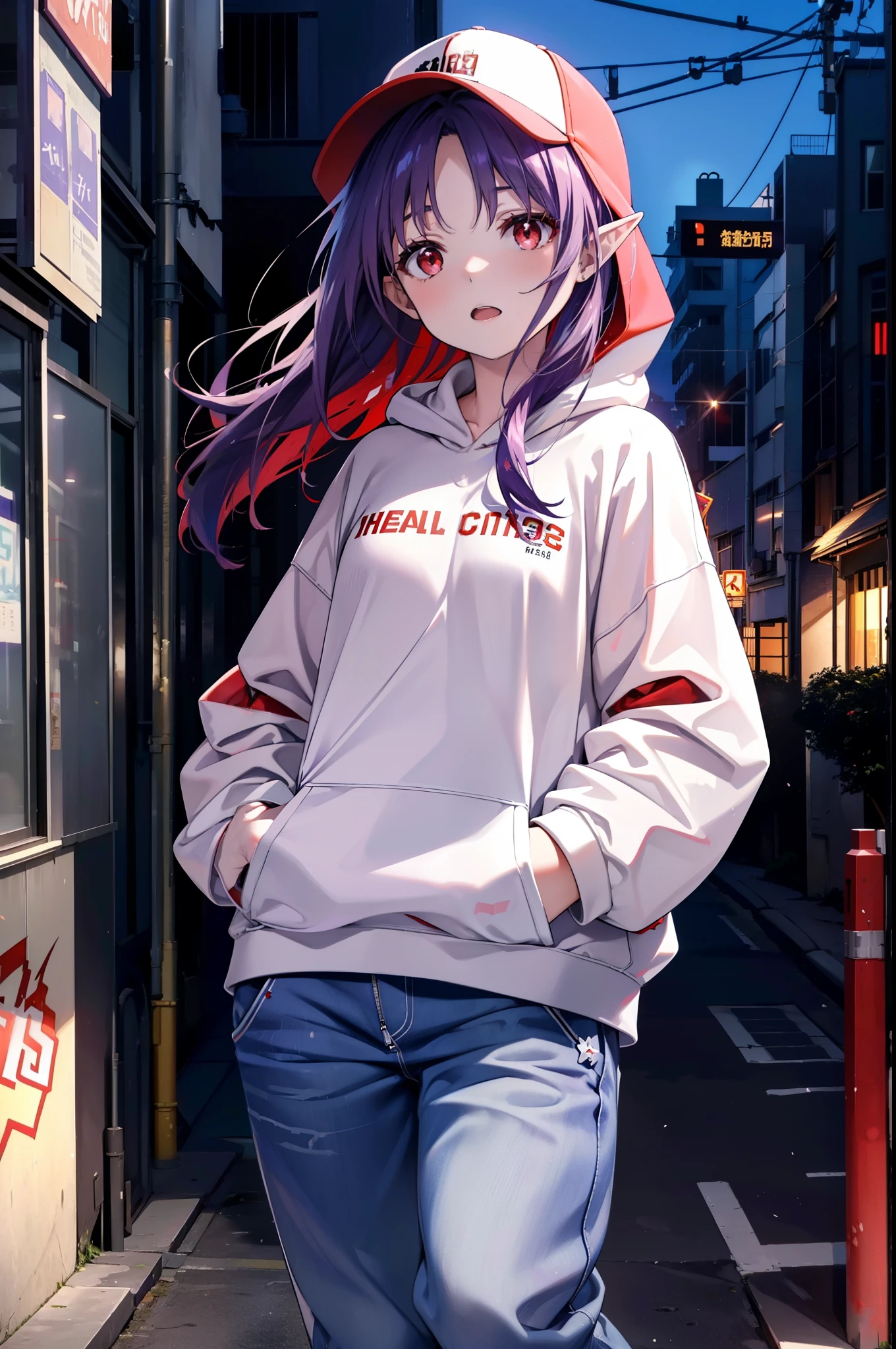 yuukikonno, Konno Yuuki, Long Hair, Pointed Ears, Purple Hair, (Red eyes:1.5), (Small breasts:1.2), Open your mouth,Baseball hats,Oversized purple hoodie,jeans,Thick hem,sneakers,Walking,Graffiti wall,Daytime,Clear skies,Both hands are in the pockets of the hoodie、whole bodyがイラストに入るように,
break looking at viewer, whole body,
break outdoors, Alley,
break (masterpiece:1.2), Highest quality, High resolution, unity 8k wallpaper, (figure:0.8), (Beautiful attention to detail:1.6), Highly detailed face, Perfect lighting, Highly detailed CG, (Perfect hands, Perfect Anatomy),