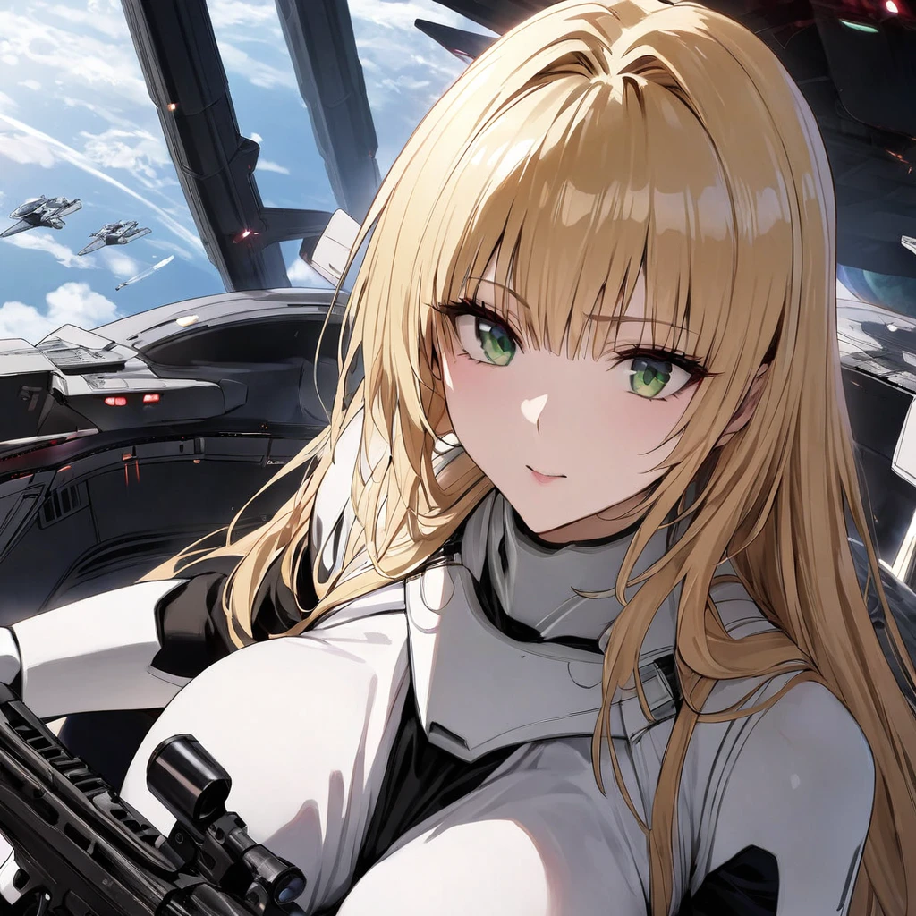 ((Highest quality)), ((masterpiece)), (detailed), （Perfect Face）、The woman is Tiare, a beautiful Stormtrooper with green eyes and medium-long blonde hair, carrying an assault rifle-type blaster.、Serving Emperor Palpatine aboard an Imperial starship