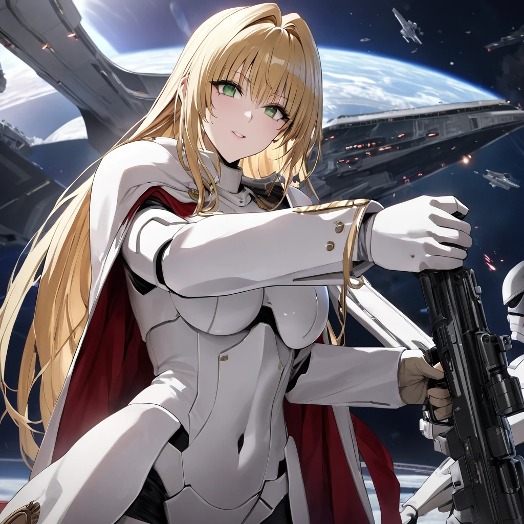 ((Highest quality)), ((masterpiece)), (detailed), (Perfect Face)、The woman is Tiare, a beautiful Stormtrooper with green eyes and medium-long blonde hair, carrying an assault rifle-type blaster.、Serving Emperor Palpatine aboard an Imperial starship