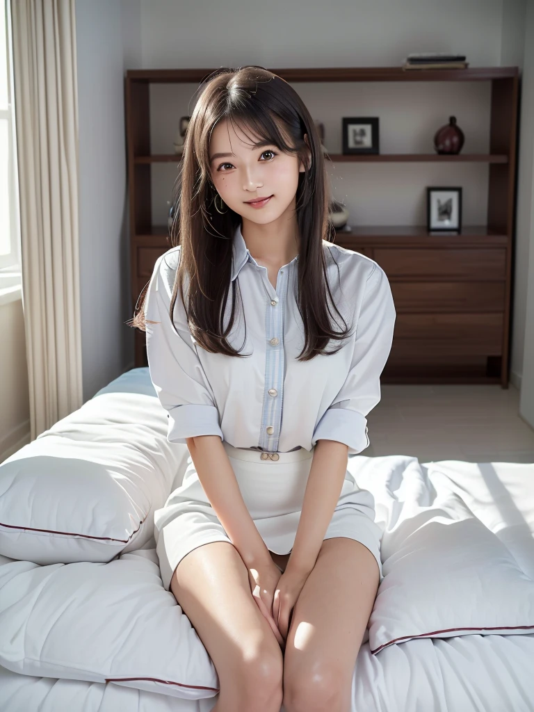 (Highest quality、masterpiece:1.9)、((Neat and clean female college student、1 person))、Soft lighting by a professional photographer、Natural light、((Very spacious white luxurious room:1.6))、((Bright white room:1.6))、(Sitting on a very luxurious white bed:1.2)、(White Bookcase:1.1)、Natural soft light、((Brown Hair:1.1))、Fair skin、Detailed Eyes、double eyelid、Slightly puffy cheeks、((Small Face:1.0))、((Grey check dress shirt、White mini skirt、Please wear it with the chest open.:1.2))、(smile)、((Girly pose 1.8))、High resolution,、((Long Hair:1.2))、((Full Body Shot:1.2))、Live-action image quality、((Height: 150cm))、Hands in front、Hide your hands between your legs、(No bangs:1.1)、