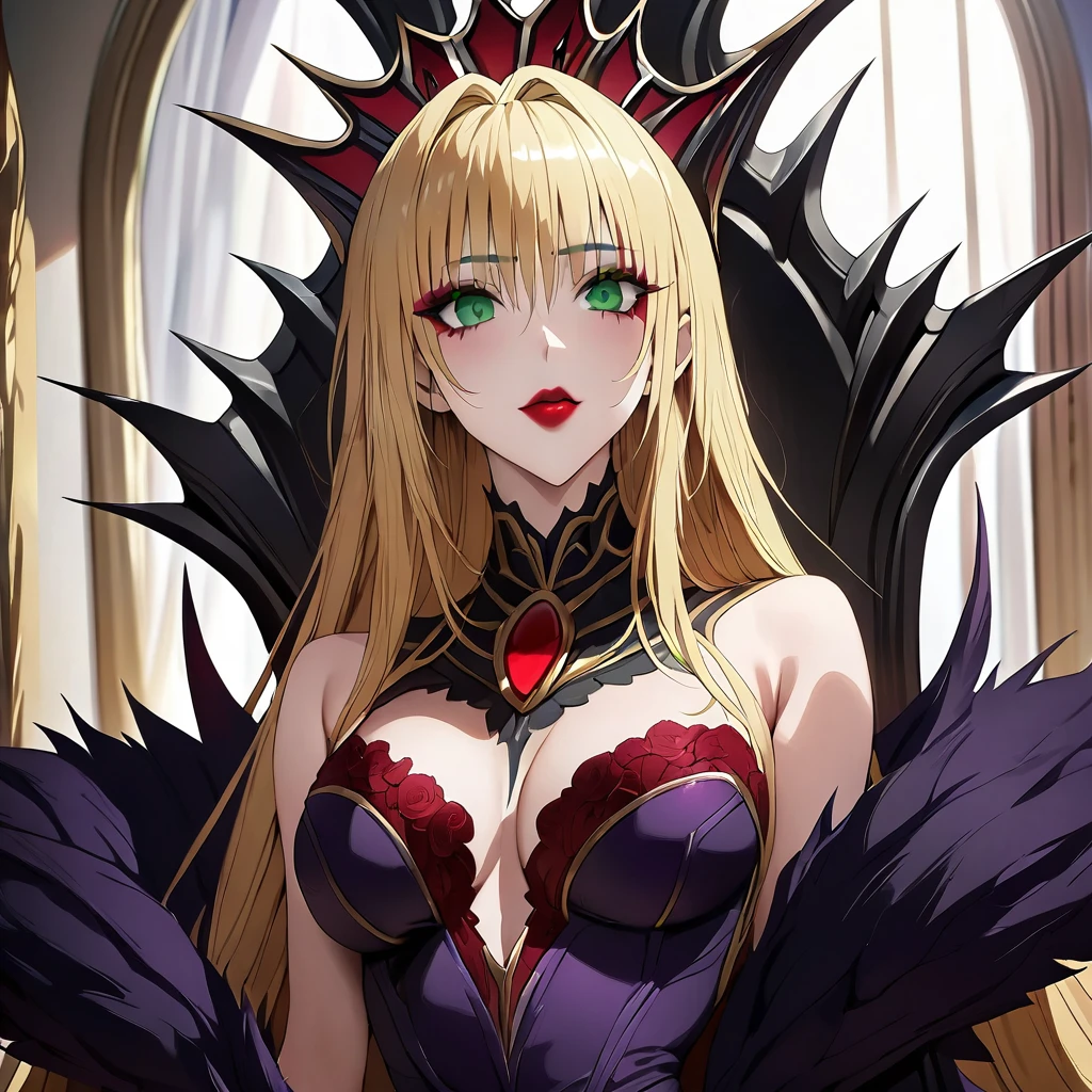 ((Highest quality)), ((masterpiece)), (detailed), （Perfect Face）、The woman is Tiare, a dark queen with green eyes, medium-long blonde hair, red lipstick and makeup, and is sitting on a gorgeous throne wearing a gorgeous dress and crown of an evil dark queen.