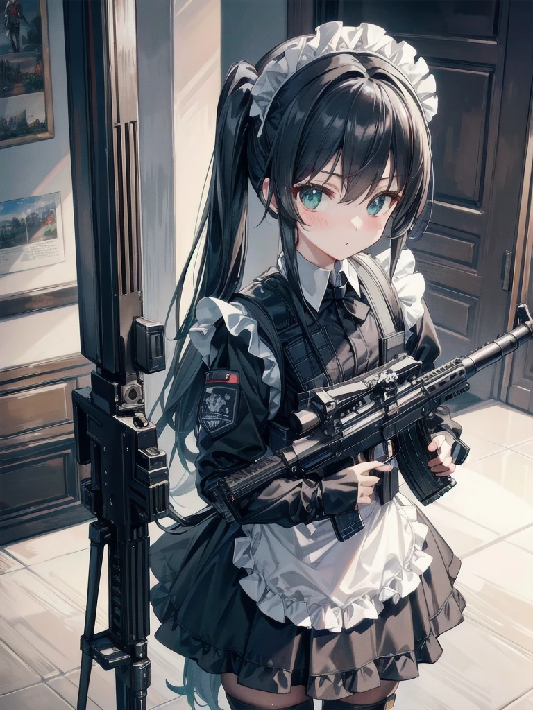 4k,masterpiece,victorian maid,tactical gear, standing,wearing tactical vest,tactical vest,high cut military helmet, night vision googles,holding H&K hk416, Maid,Anime,Anime girl