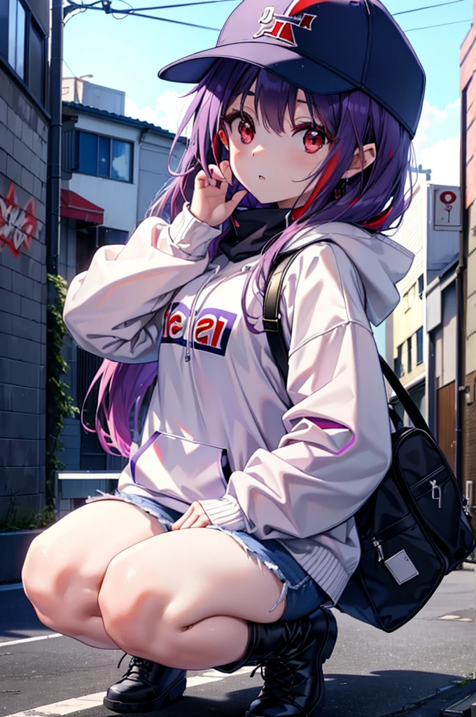 yuukikonno, Konno Yuuki,  Long Hair, Pointed Ears, Purple Hair, (Red eyes:1.5), (Small breasts:1.2), Open your mouth,Baseball hats,Oversized purple hoodie,jeans,Thick hem,short boots,Walking,Graffiti wall,Daytime,Clear skies,Both hands are in the pockets of the hoodie、whole bodyがイラストに入るように,
break looking at viewer, whole body,
break outdoors, Alley,
break (masterpiece:1.2), Highest quality, High resolution, unity 8k wallpaper, (figure:0.8), (Beautiful attention to detail:1.6), Highly detailed face, Perfect lighting, Highly detailed CG, (Perfect hands, Perfect Anatomy),