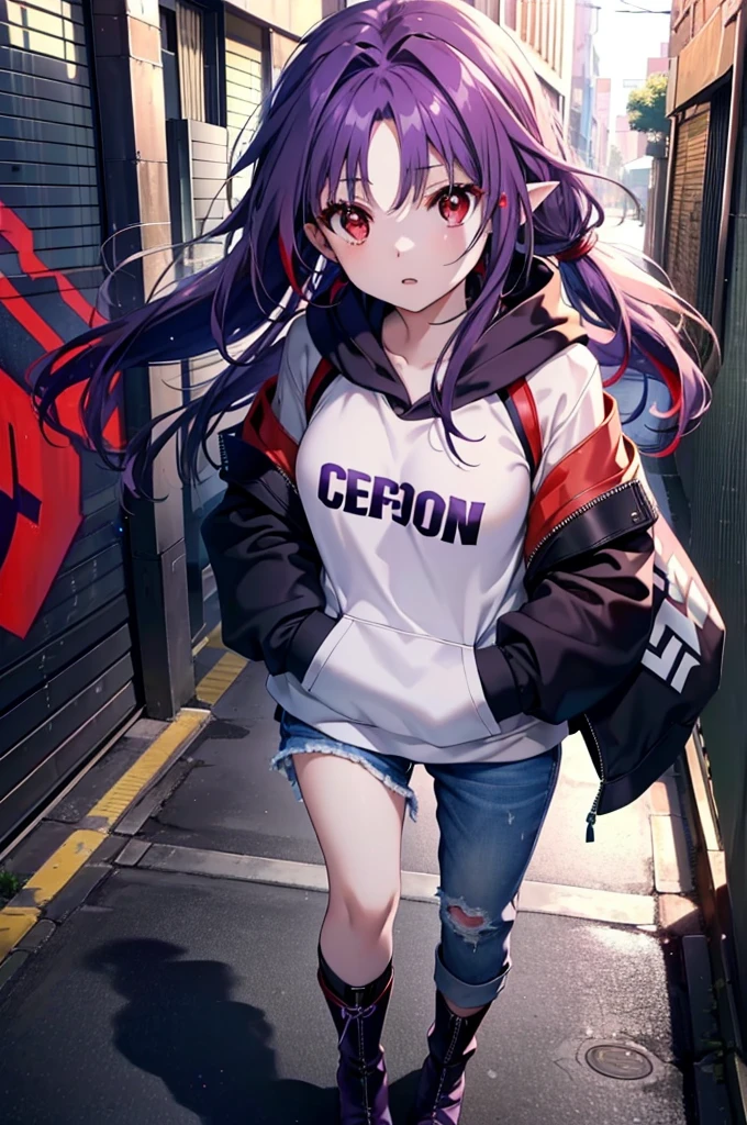 yuukikonno, Konno Yuuki,  Long Hair, Pointed Ears, Purple Hair, (Red eyes:1.5), (Small breasts:1.2), Open your mouth,Baseball hats,Oversized purple hoodie,jeans,Thick hem,short boots,Walking,Graffiti wall,Daytime,Clear skies,Both hands are in the pockets of the hoodie、whole bodyがイラストに入るように,
break looking at viewer, whole body,
break outdoors, Alley,
break (masterpiece:1.2), Highest quality, High resolution, unity 8k wallpaper, (figure:0.8), (Beautiful attention to detail:1.6), Highly detailed face, Perfect lighting, Highly detailed CG, (Perfect hands, Perfect Anatomy),