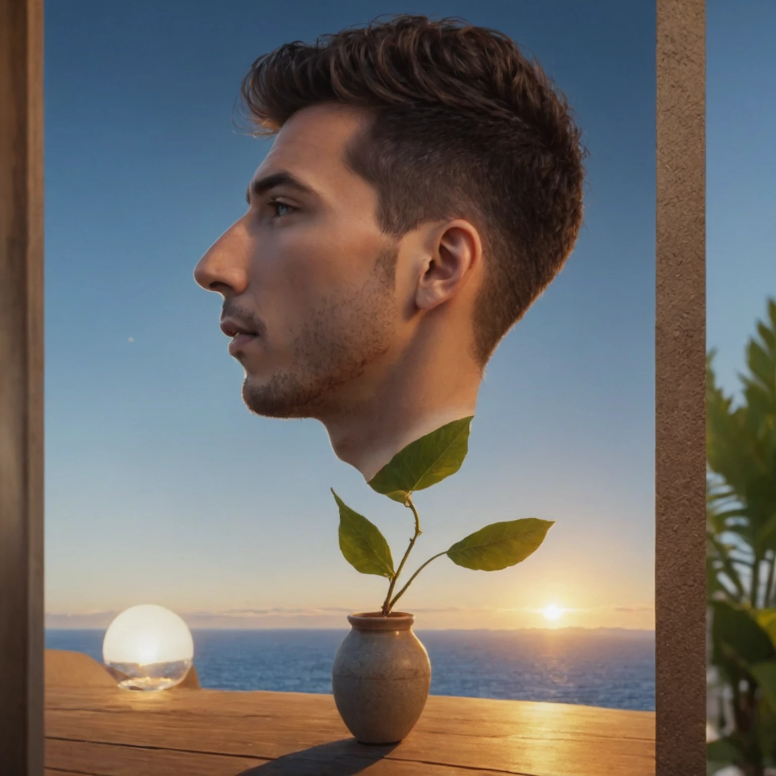 A man's head blooms on a plant in a pot on a table, highly detailed vfx portrait, stylized portrait, 3d portrait, surreal 3d rendering,