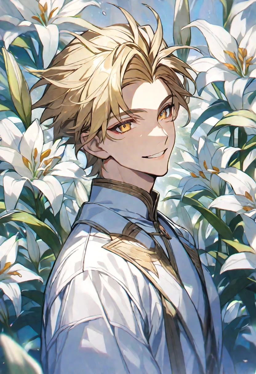 Solo, 1 male, blonde hair, golden eyes, white shirt, white coat, smile facial, white flowers, lily