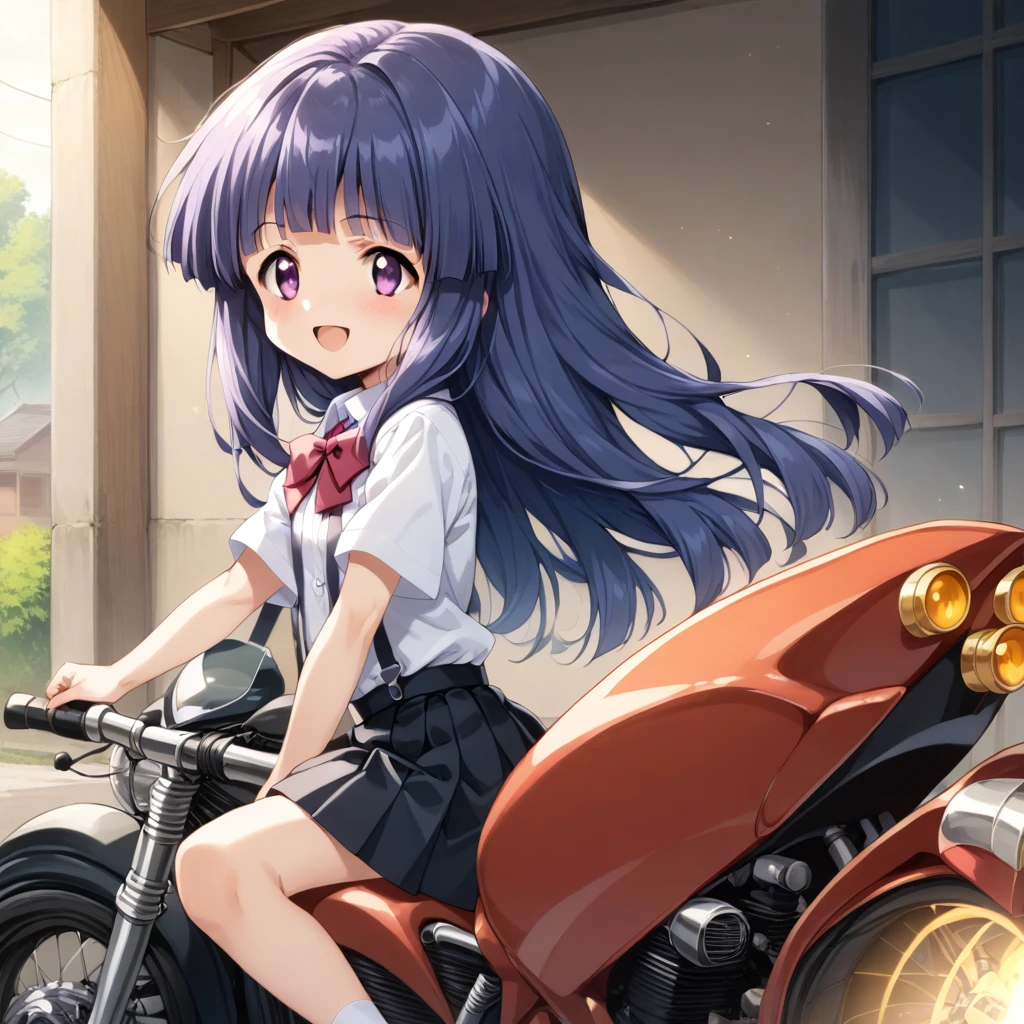 score_9, score_8_up, score_7_up, score_6_up, source_anime,,,,1girl, solo, furude rika, (tween:1), kawaii, blue hair, purple eyes, long hair, blunt bangs, bangs, bow, skirt, shirt, suspenders, smile, short sleeves, pleated skirt, white shirt, open mouth, red bow, ^_^, suspender skirt, , black skirt, collared shirt, blush, bowtie, blunt bangs, dress shirtt, , anime coloring.serious,(a girl riding a motorcycle at full speed:1.5),(from side,side view),,,(serious expression:1.5)、Gripping the handlebars
