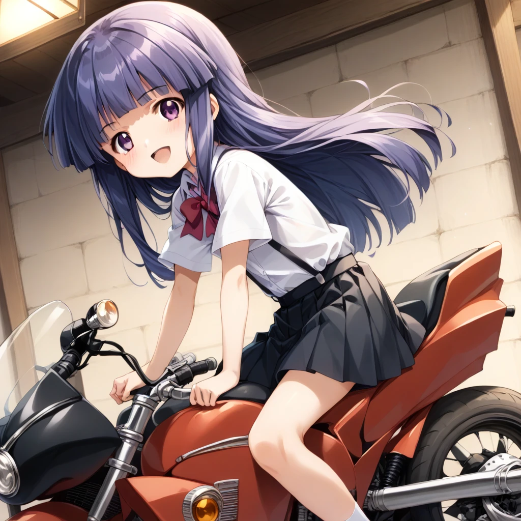 score_9, score_8_up, score_7_up, score_6_up, source_anime,,,,1girl, solo, furude rika, (tween:1), kawaii, blue hair, purple eyes, long hair, blunt bangs, bangs, bow, skirt, shirt, suspenders, smile, short sleeves, pleated skirt, white shirt, open mouth, red bow, ^_^, suspender skirt, , black skirt, collared shirt, blush, bowtie, blunt bangs, dress shirtt, , anime coloring.serious,(a girl riding a motorcycle at full speed:1.5),(from side,side view),,,(serious expression:1.5)、Gripping the handlebars