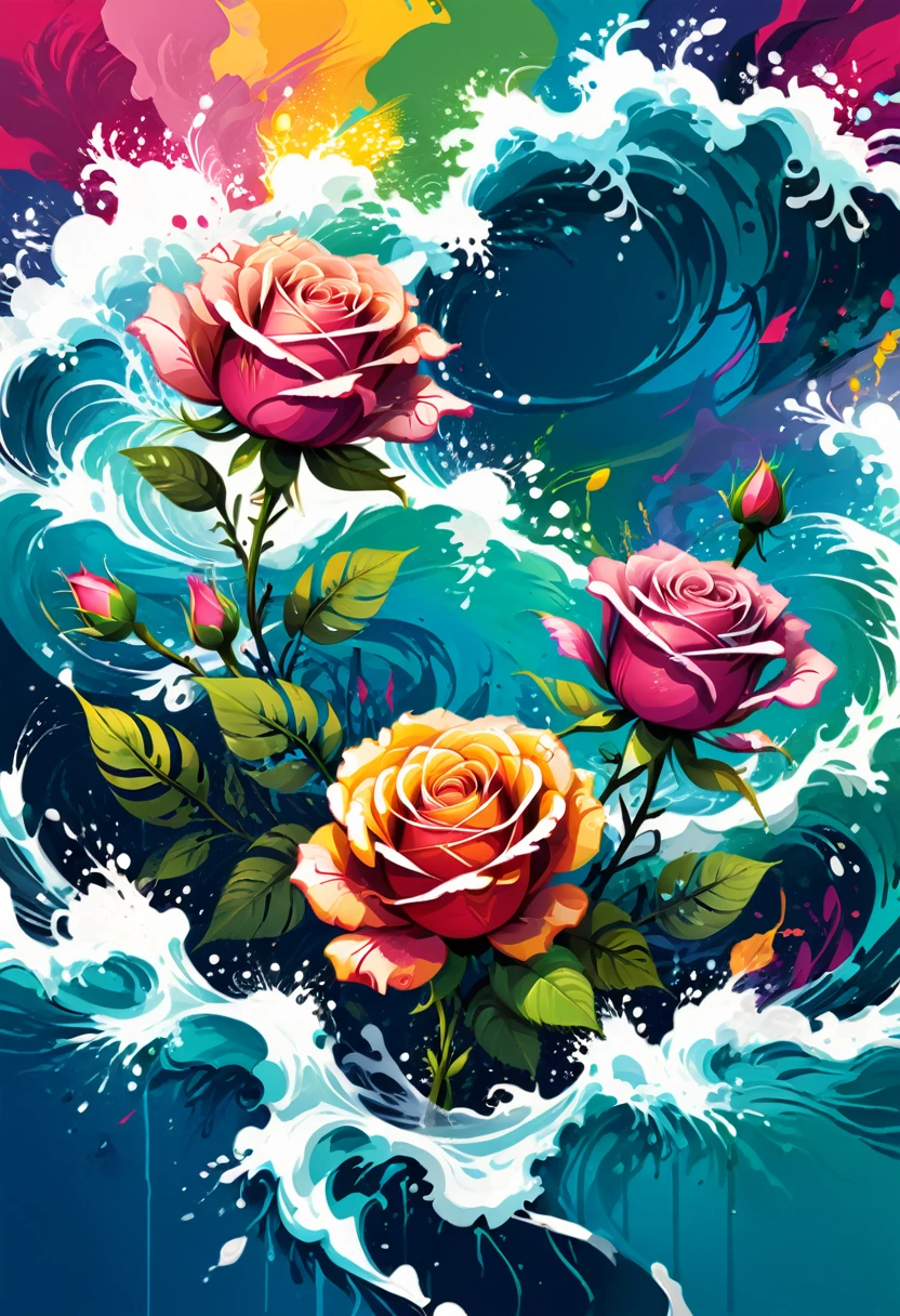 vectorial art, Colorful illustration with roses, At the center, swirly vibrant colors, paint splashes and smears, high détail,Hawaii Background
(work of art, best qualityer, proffesional, perfect composition, very aesthetic, absurdrez, super verbose, details Intricate:1.3)