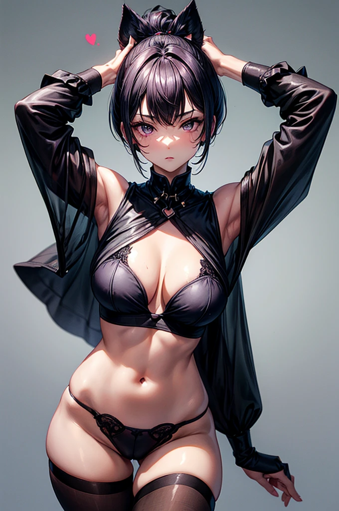 masterpiece, highly detailed, highest quality, high resolution, super precise, (1 girl), flawless skin, inky black dark violet hair, pixie cut hairstyle, sharp facial features, young 16 year old ager, sharp facial features, high bridged nose, medium height(178cm), cowboy shot, slender and slim body with ample curves, velvet colored eyes, plain crop shirt with heart shaped boob window, plain sheer colored waist high pantyhose, (no lingerie), (no panties)