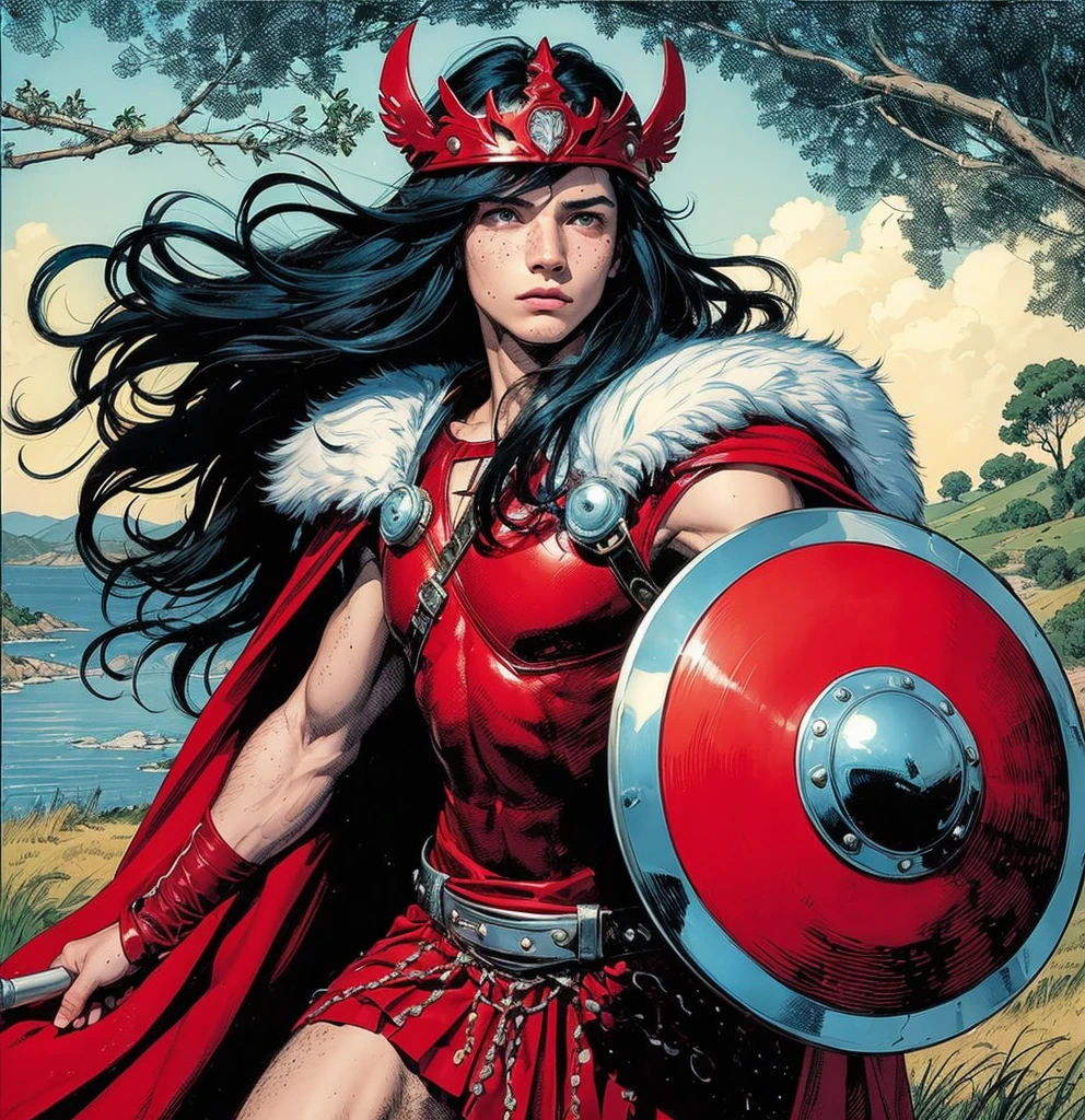 American comic book art: very young man delicate ethereal, very straight dark bluish-black hair long, very young face boy, red diadem helmet on his forehead, delicate tight red and white Sif outft tiny skirt, red shoulder pads, white fur collars, very beautiful thighs, holding a red shield polished, freckles, red covered neck, classic comics, magic magenta energy, navy eyes, countryside, on top of the wall, bright red viking outfit, ethereal boy.
