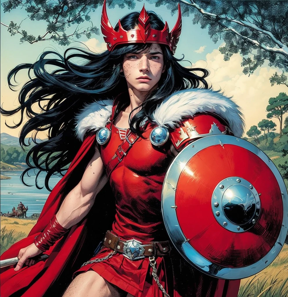 American comic book art: very young man delicate ethereal, very straight dark bluish-black hair long, very young face boy, red diadem helmet on his forehead, delicate tight red and white Sif outft tiny skirt, red shoulder pads, white fur collars, very beautiful thighs, holding a red shield polished, freckles, red covered neck, classic comics, magic magenta energy, navy eyes, countryside, on top of the wall, bright red viking outfit, ethereal boy.