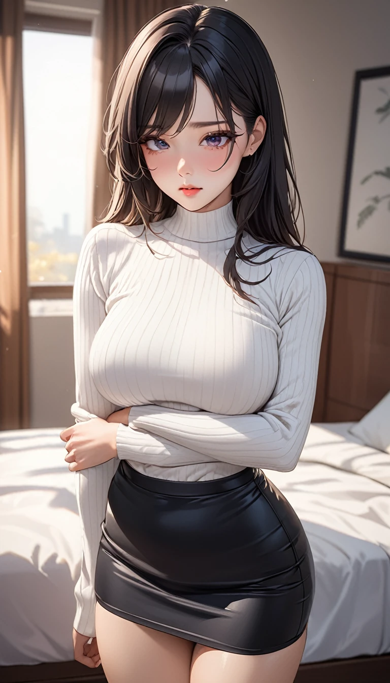 masterpiece, High resolution, perfect face, Korean beauty, 30 years old, beautiful face, bedroom, tight sweater, mini pencil skirt, embarrassed look, look at the camera, (top quality eyes), detailed texture, look at me, Married woman, cool women, (high resolution eyes), black hair, little curvy